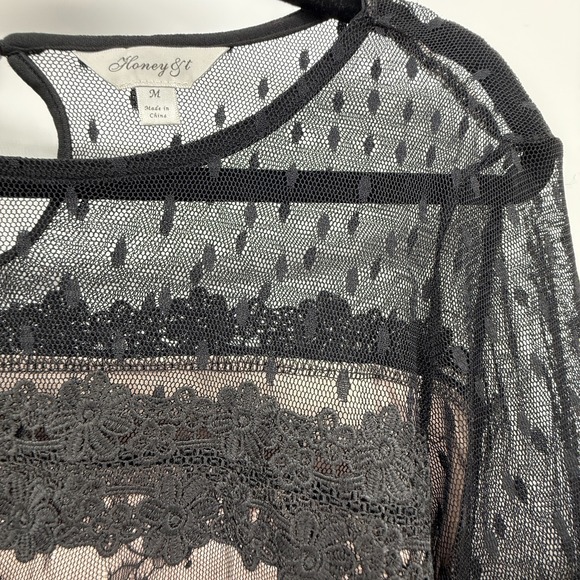 Honey & t Black Lace Crochet Whimsigoth Fairy Grunge Romantic‎ Top Size M Sheer - Picture 3 of 13